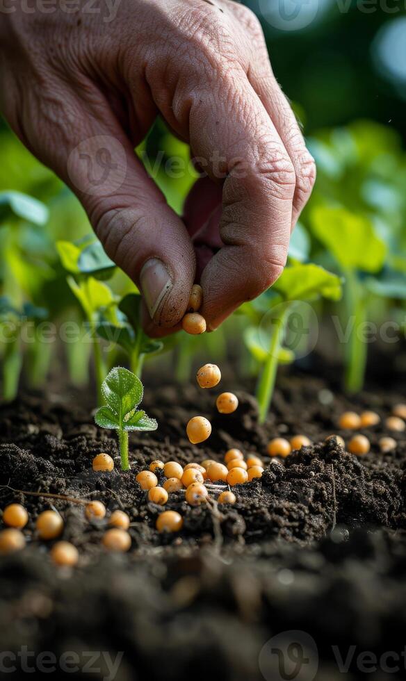 ai generato contadino mano piantare soia seme nel il verdura giardino foto