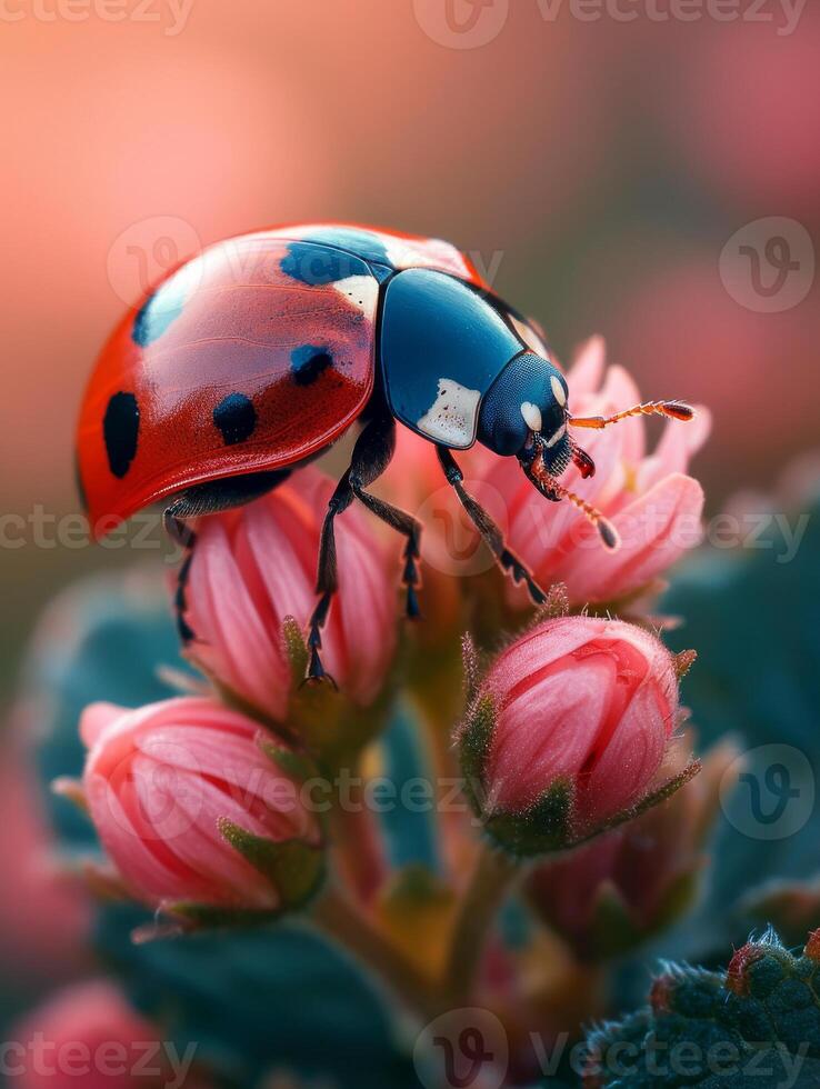 ai generato coccinella su fiore nel il sera foto