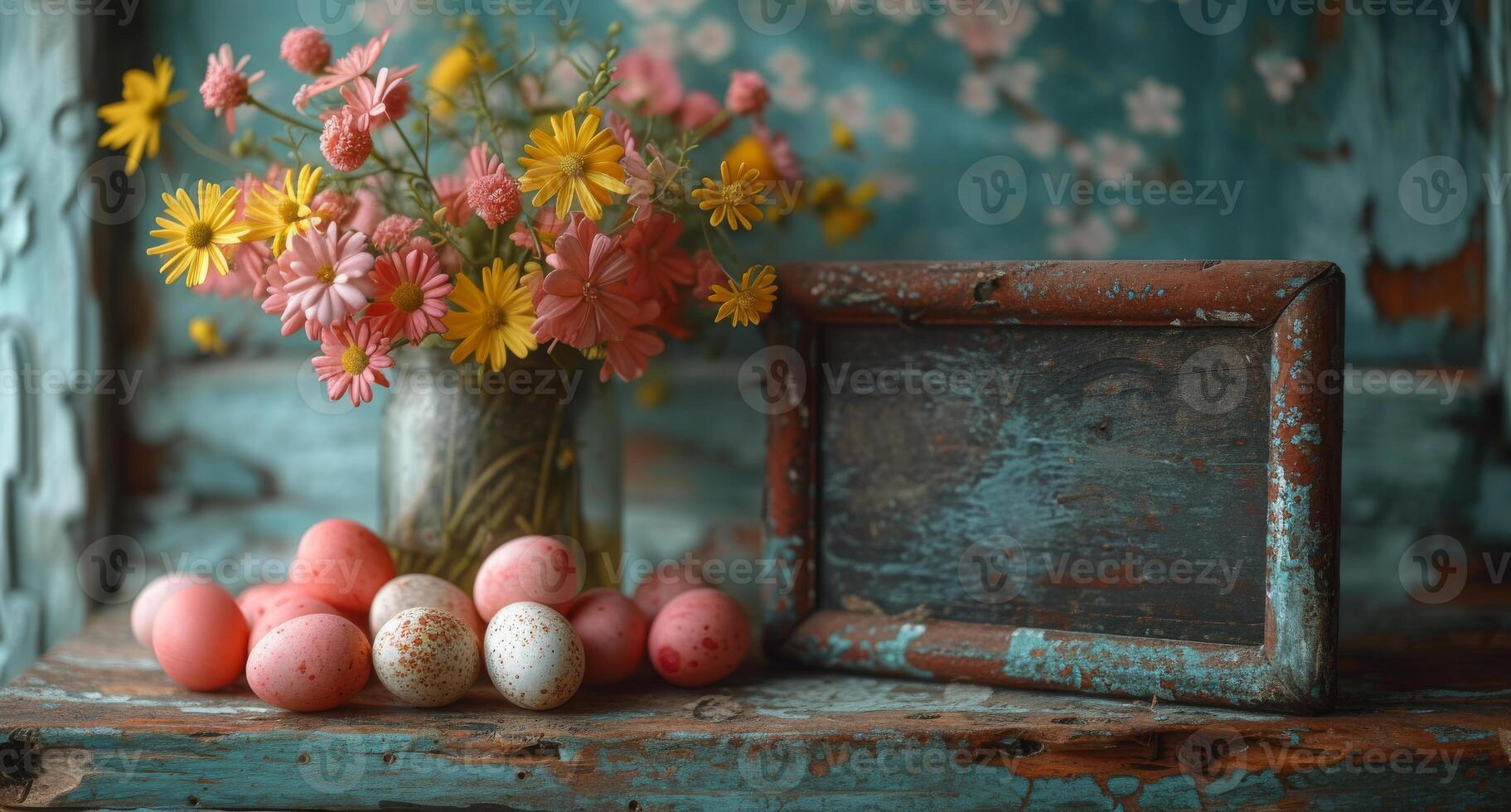 ai generato Pasqua uova e fiori su di legno tavolo foto