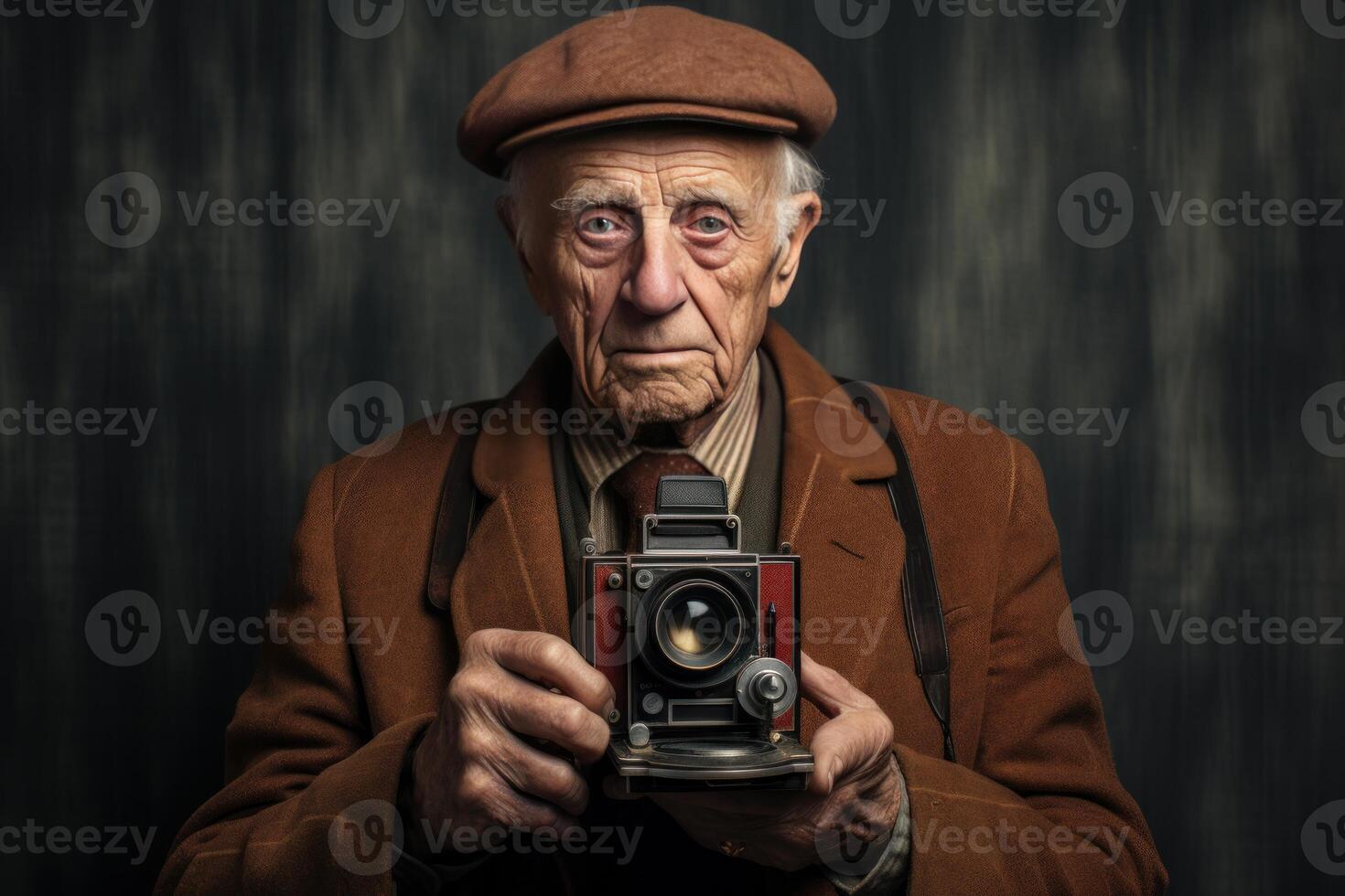 ai generato intrepido vecchio uomo prendere foto a strada. creare ai