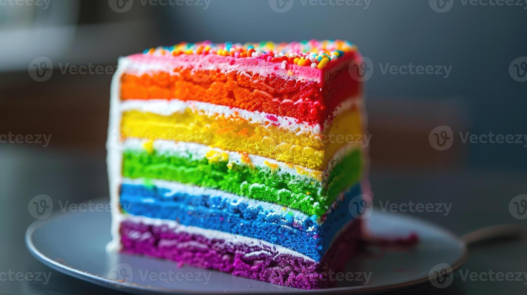 ai generato il Perfetto tiro in mostra il strati di un' arcobaleno torta foto