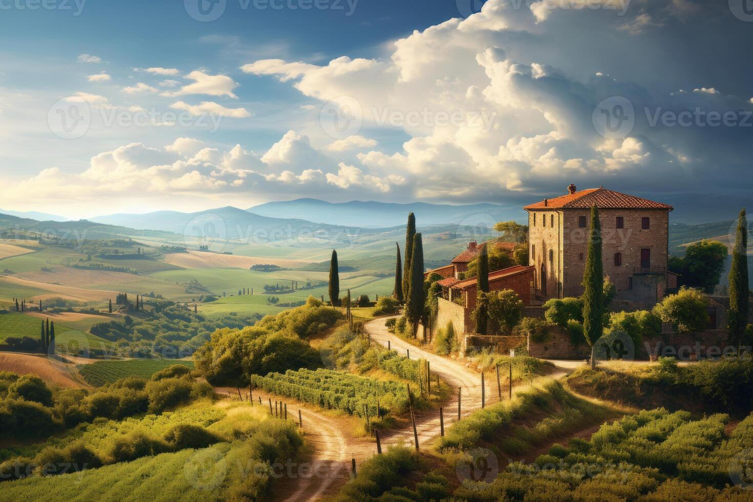 ai generato pittoresco paesaggio di Toscana azienda vinicola. creare ai foto