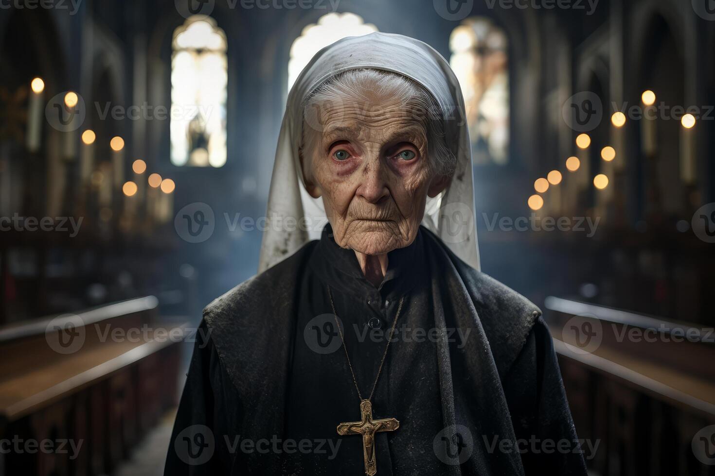 ai generato anziano sacerdote vecchio donna Chiesa. creare ai foto