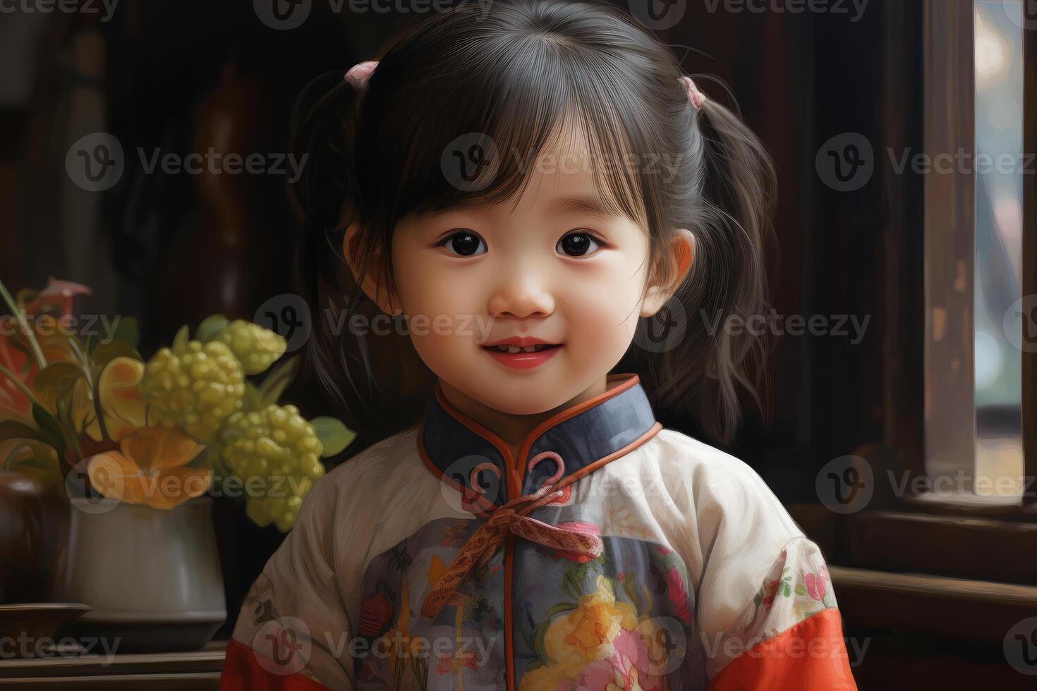 ai generato gioioso realistico sorridente Cinese poco ragazza. creare ai foto