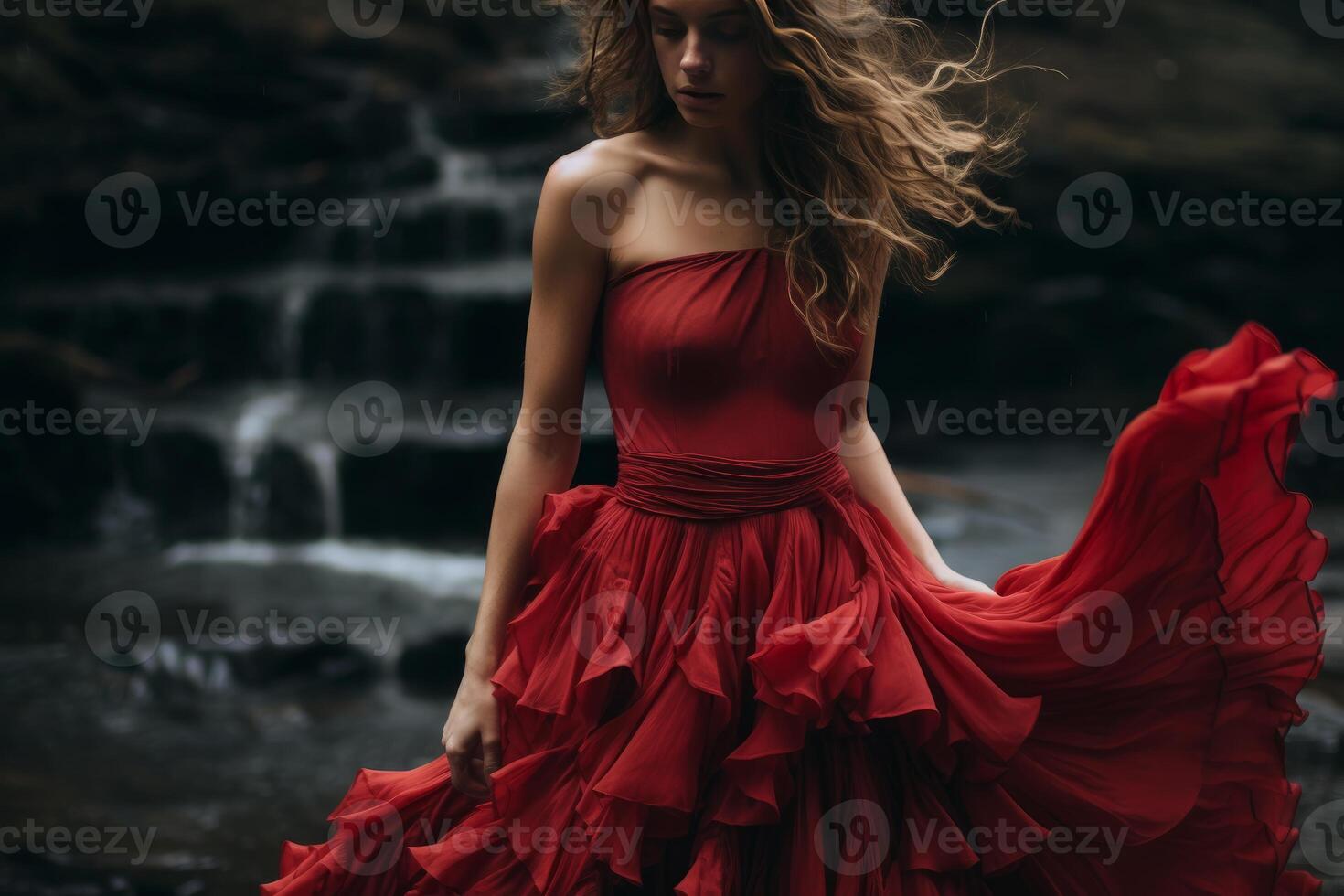 ai generato elegante brunetta modello rosso amore vestire. creare ai foto