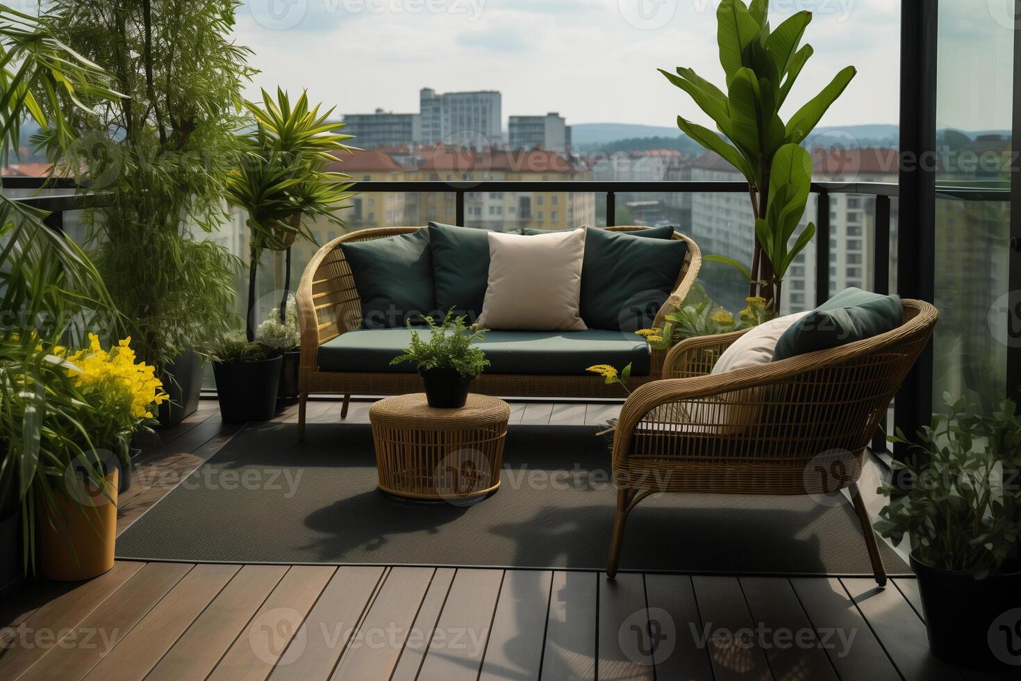 ai generato accogliente terrazza balcone, posti a sedere la zona con di vimini mobilia e molti impianti foto