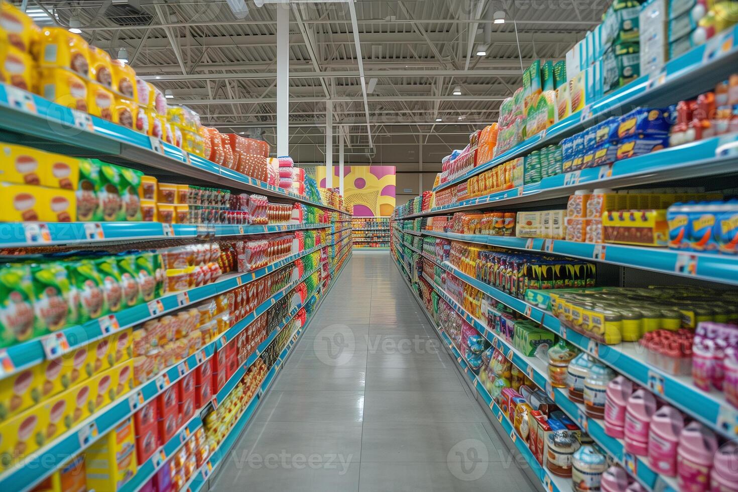 ai generato supermercato scaffali con diverso prodotti, superficiale profondità di campo foto