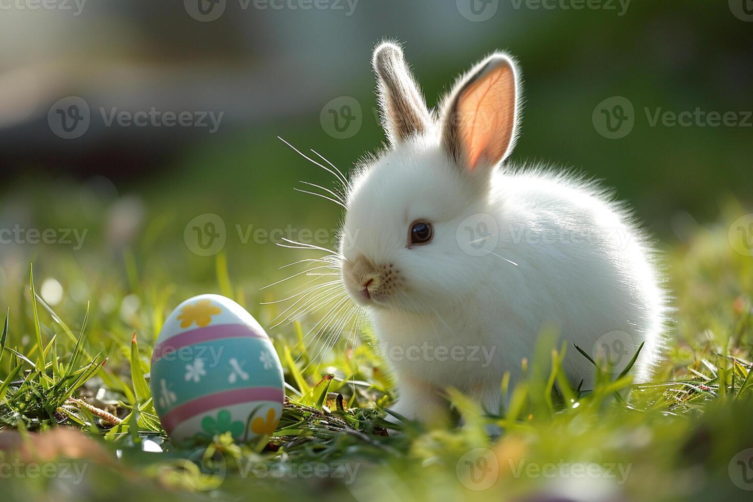 ai generato poco bianca coniglietto su il erba con un' decorato Pasqua uova foto