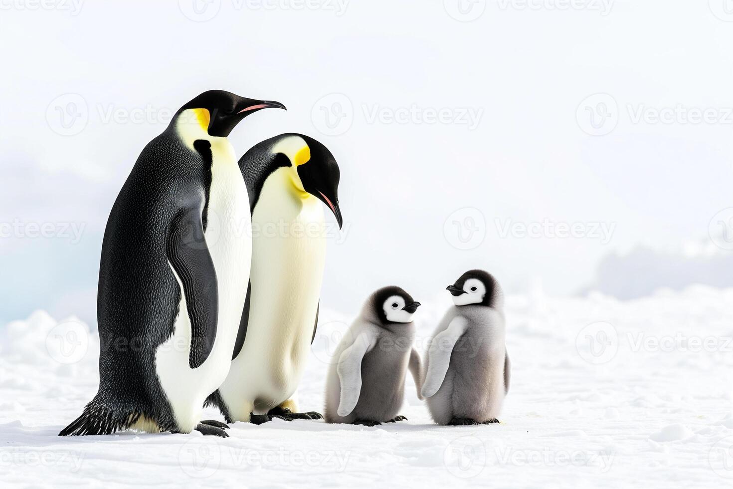 ai generato imperatore pinguino famiglia con pulcini su neve, puro bianca sfondo e luce del sole foto