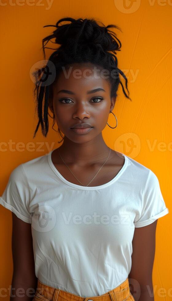 ai generato ritratto di africano americano donna nel vuoto bianca maglietta, arancia fondale foto
