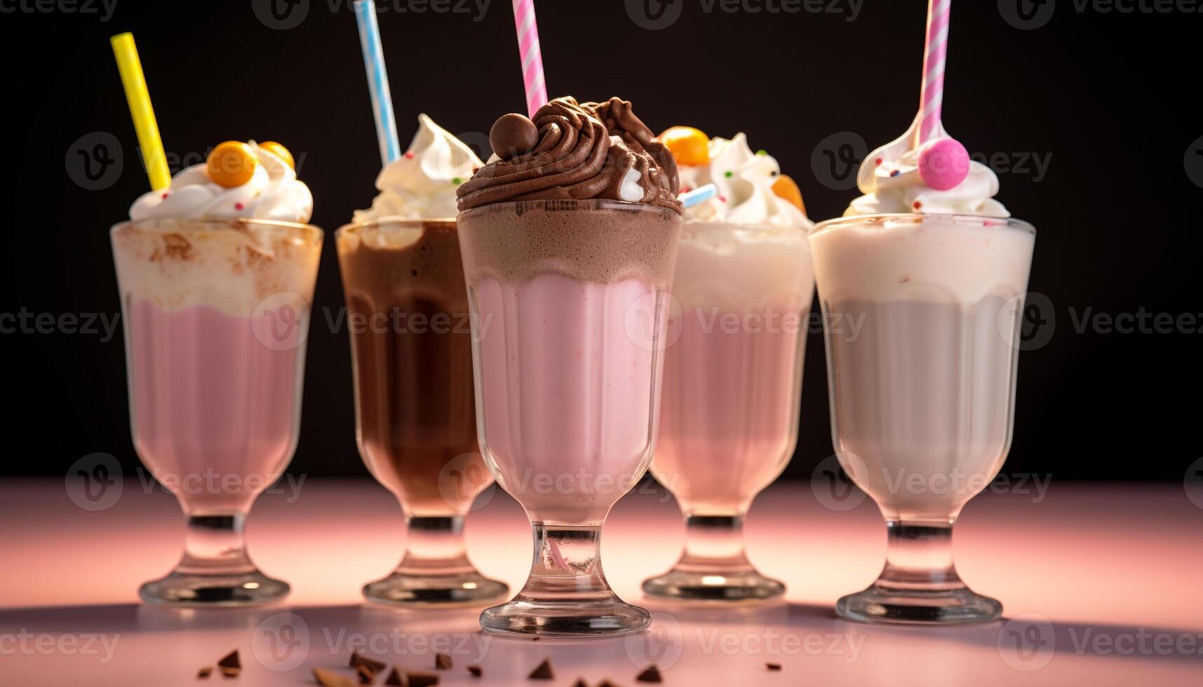 ai generato un' dolce frappè con frustato crema e colorato decorazioni generato di ai foto