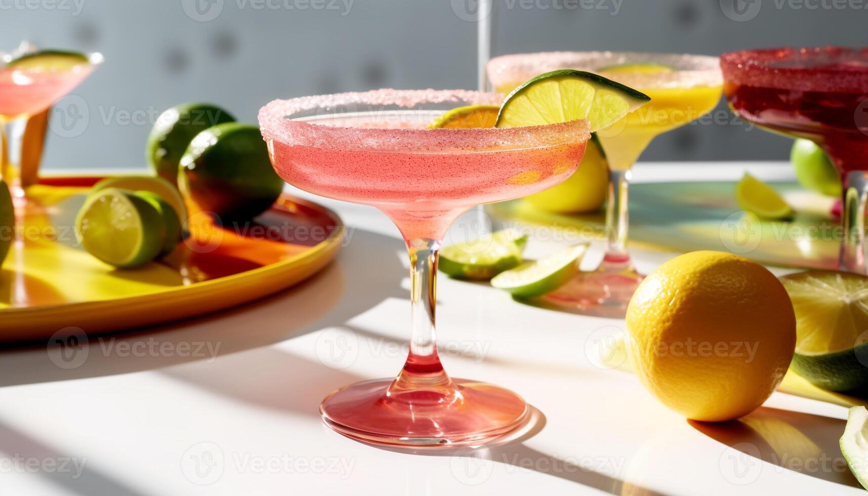 ai generato rinfrescante estate cocktail con agrume frutta e colorato contorno generato di ai foto