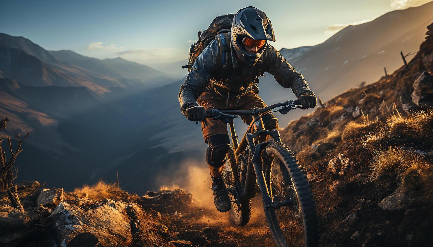 ai generato uomini Ciclismo nel natura, montagna bicicletta, velocità, movimento, avventura generato di ai foto