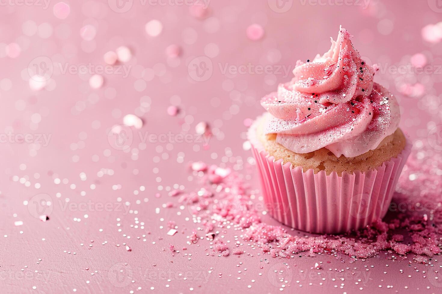 ai generato rosa sfondo con elegante luccicante cupcake, copia spazio. Da donna giorno. è un' ragazza fondale con vuoto spazio. bambino doccia o compleanno invito, festa. bambino ragazza nascita annuncio. foto