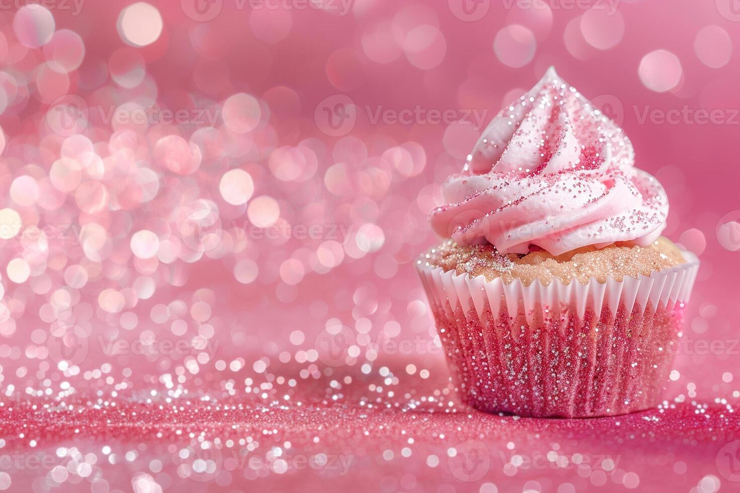 ai generato rosa sfondo con elegante luccicante cupcake, copia spazio. Da donna giorno. è un' ragazza fondale con vuoto spazio. bambino doccia o compleanno invito, festa. bambino ragazza nascita annuncio. foto