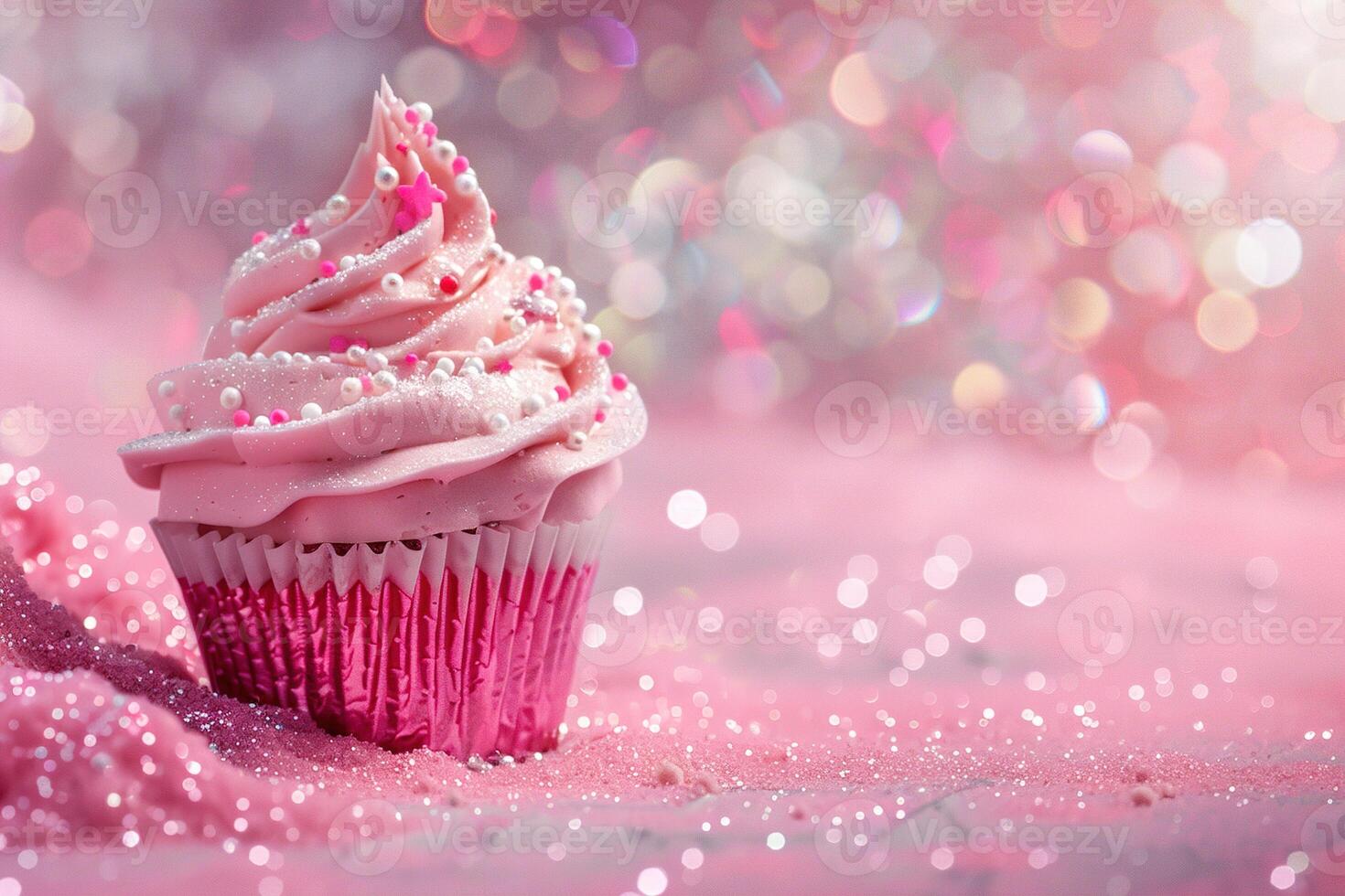 ai generato elegante rosa Cupcake con luccichio dettaglio su un' bokeh sfondo, ideale per bambino ragazza annunci, La madre di giorno carte, o dolce femminile disegni. generativo ai. foto