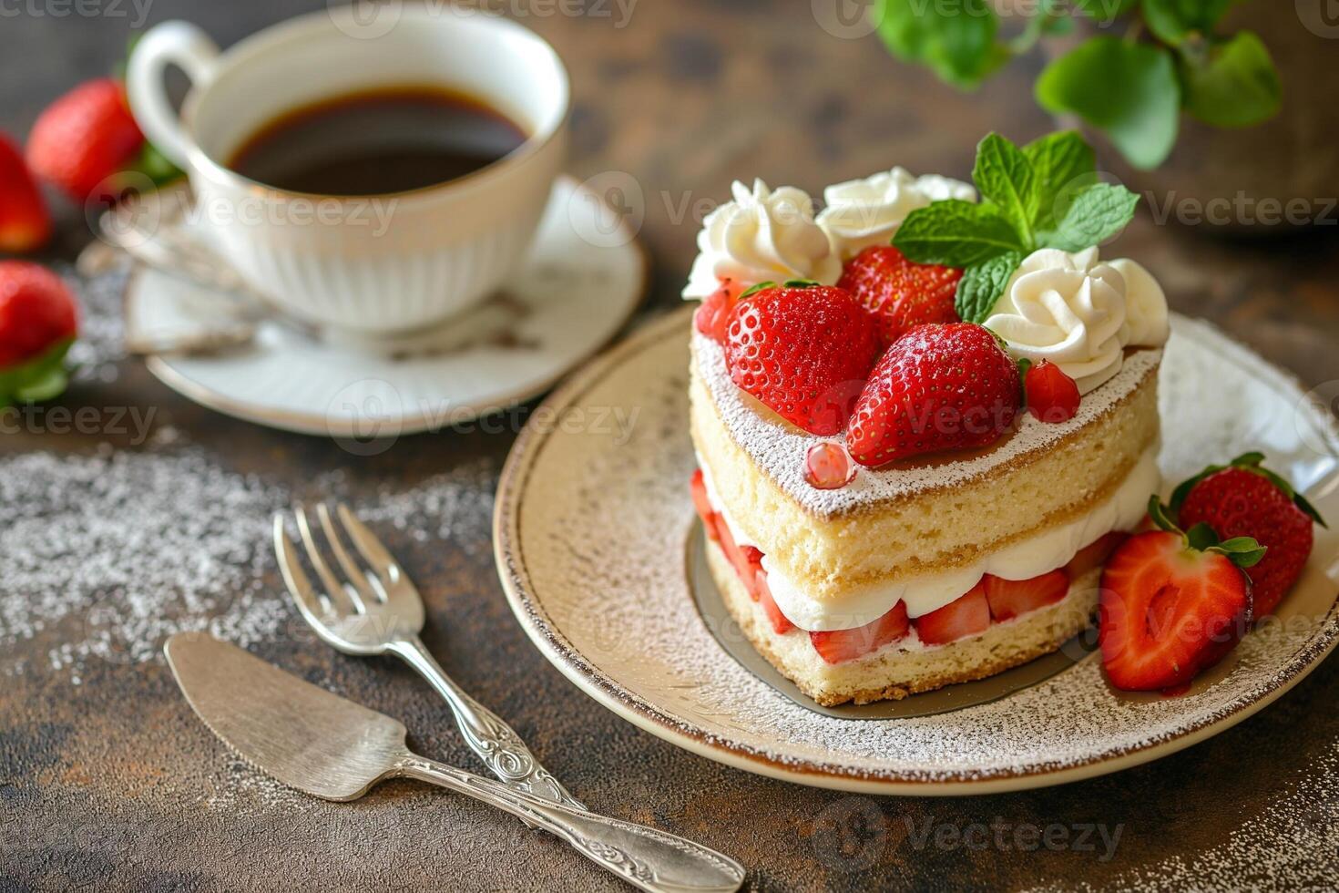 ai generato cuore sagomato spugna torta con fragola e tazza di caffè foto