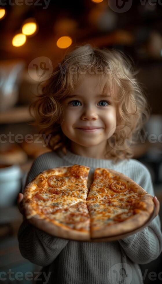 ai generato ritratto di bambino deliziante nel pizzeria Pizza foto