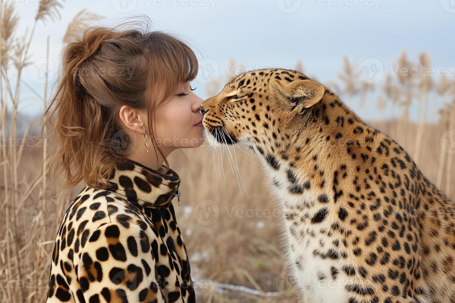 ai generato minimalismo, un' donna nel un' leopardo Stampa completo da uomo sta Il prossimo per un' leopardo foto