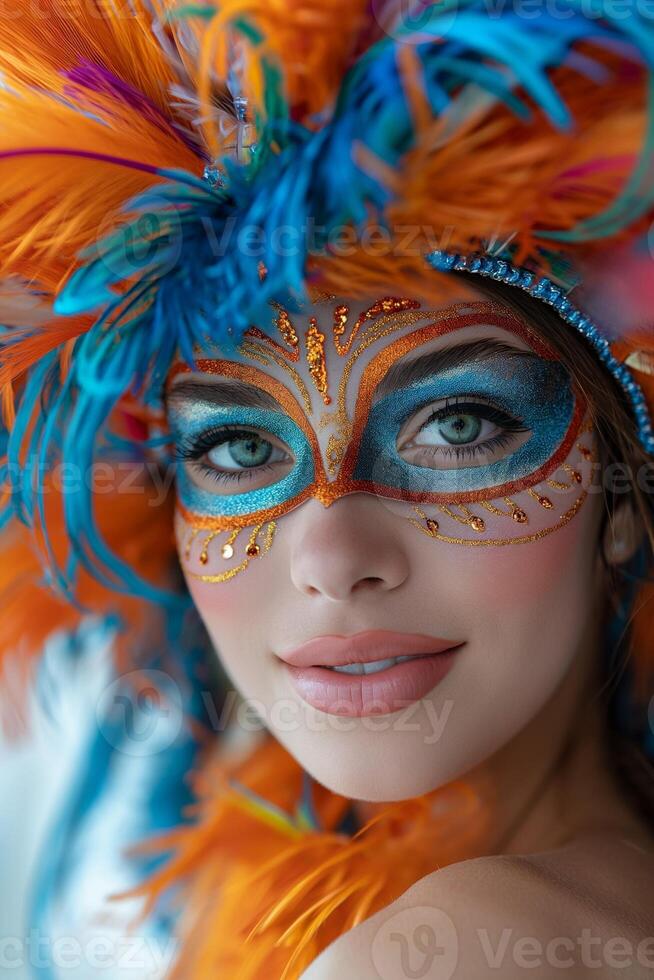 ai generato ritratto di contento sorridente donna nel luminosa carnevale veneziano maschera su bianca sfondo foto