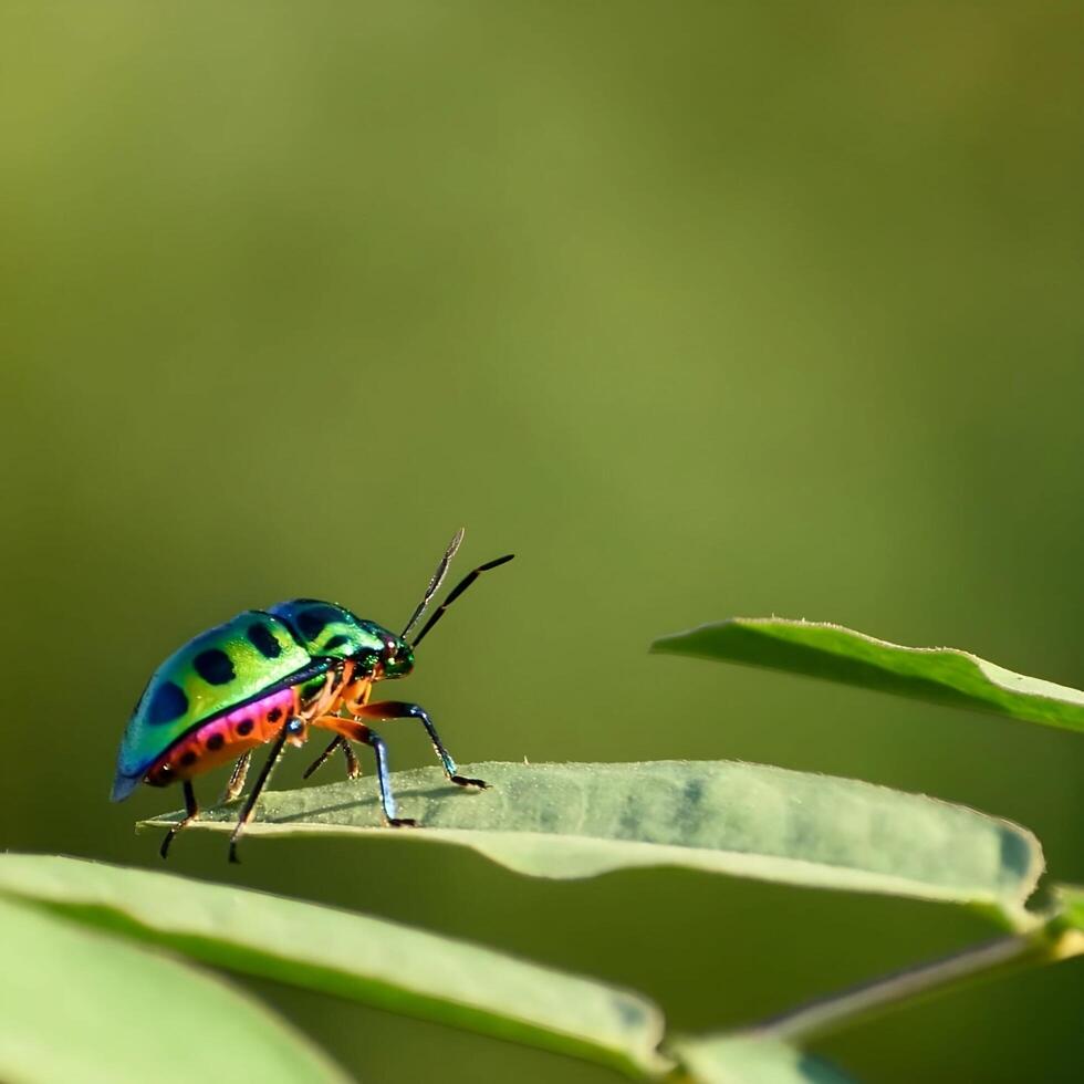 un' colorato insetto è seduta su un' foglia foto