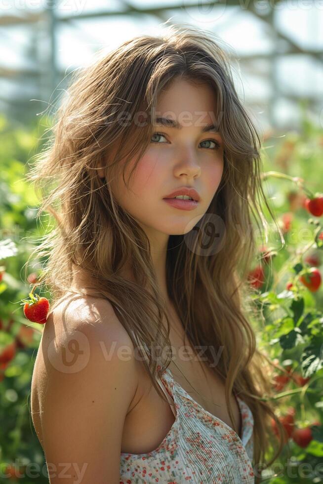 ai generato giovane donna con lungo capelli nel un' serra con fragole foto