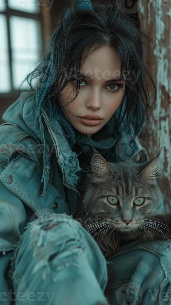 ai generato cyberpunk stile ritratto con donna e gatto foto