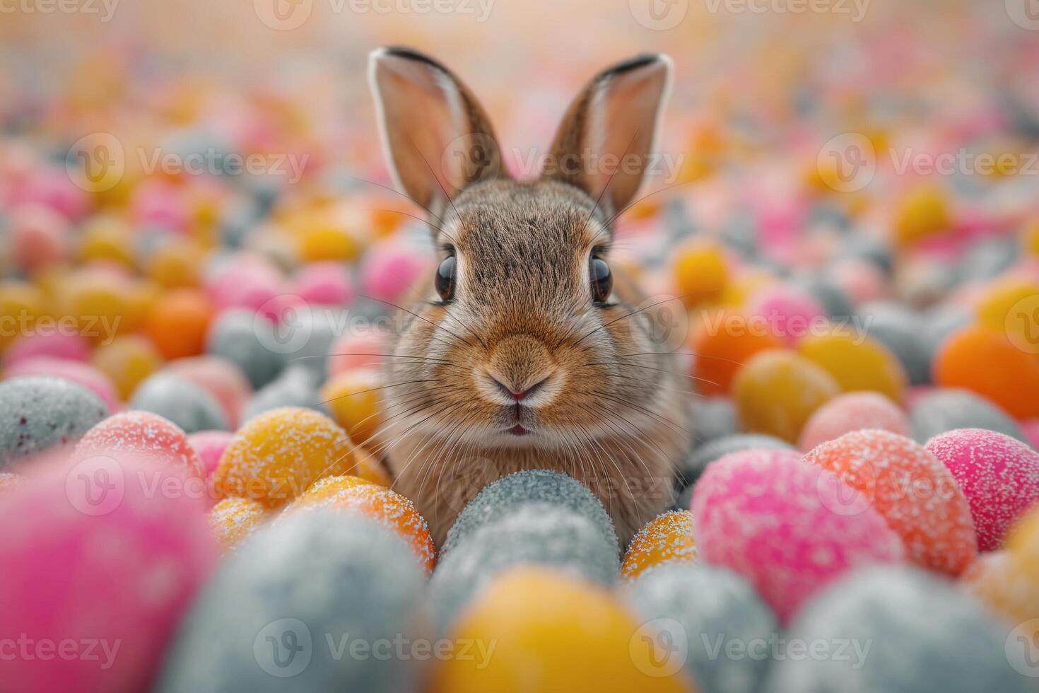 ai generato coniglio nel un' campo pieno con colorato poco Pasqua uova foto