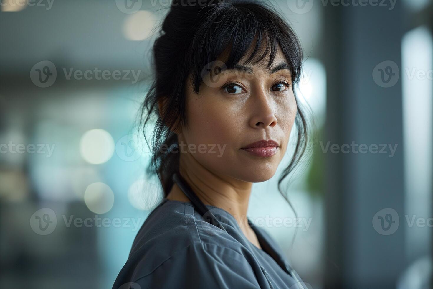ai generato ritratto di un' donna di 30 anni vecchio nel un' grigio infermiera uniforme nel un' ospedale foto