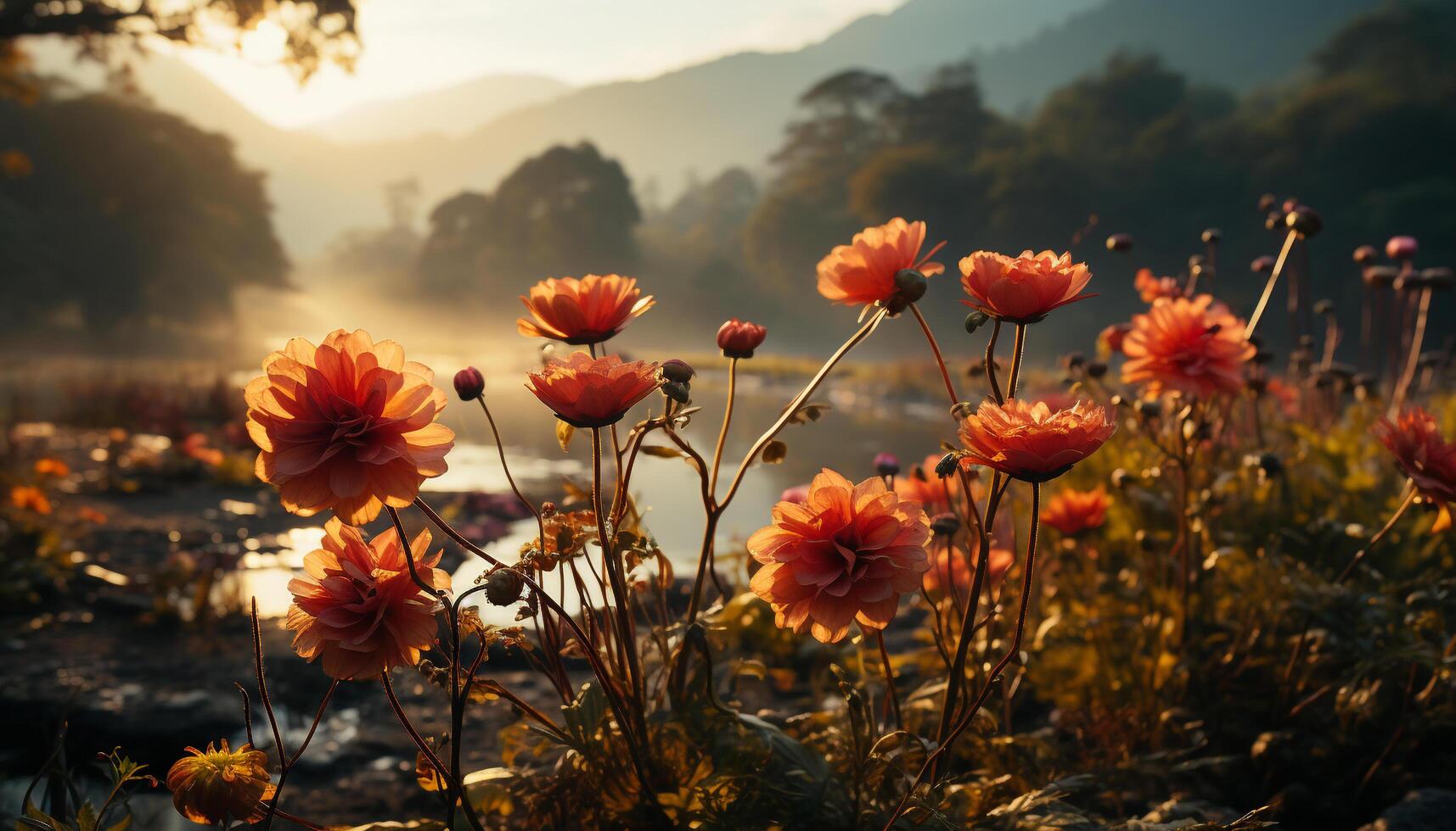 ai generato tramonto prato, vivace fiori fioritura nel natura tranquillo paesaggio generato di ai foto