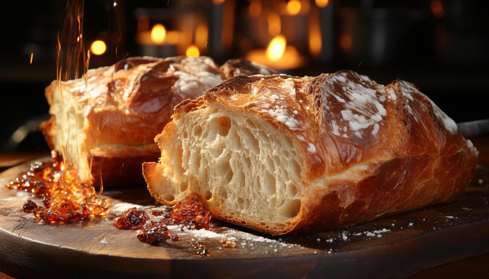 ai generato appena al forno pane e grigliato carne creare un' buongustaio pasto generato di ai foto