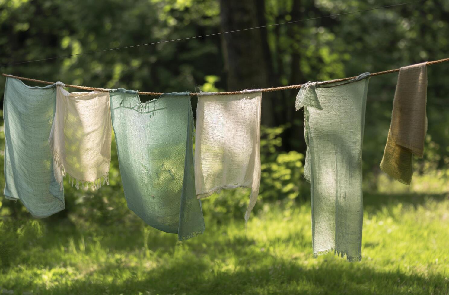 ai generato illuminata dal sole biancheria su un' clothesline foto