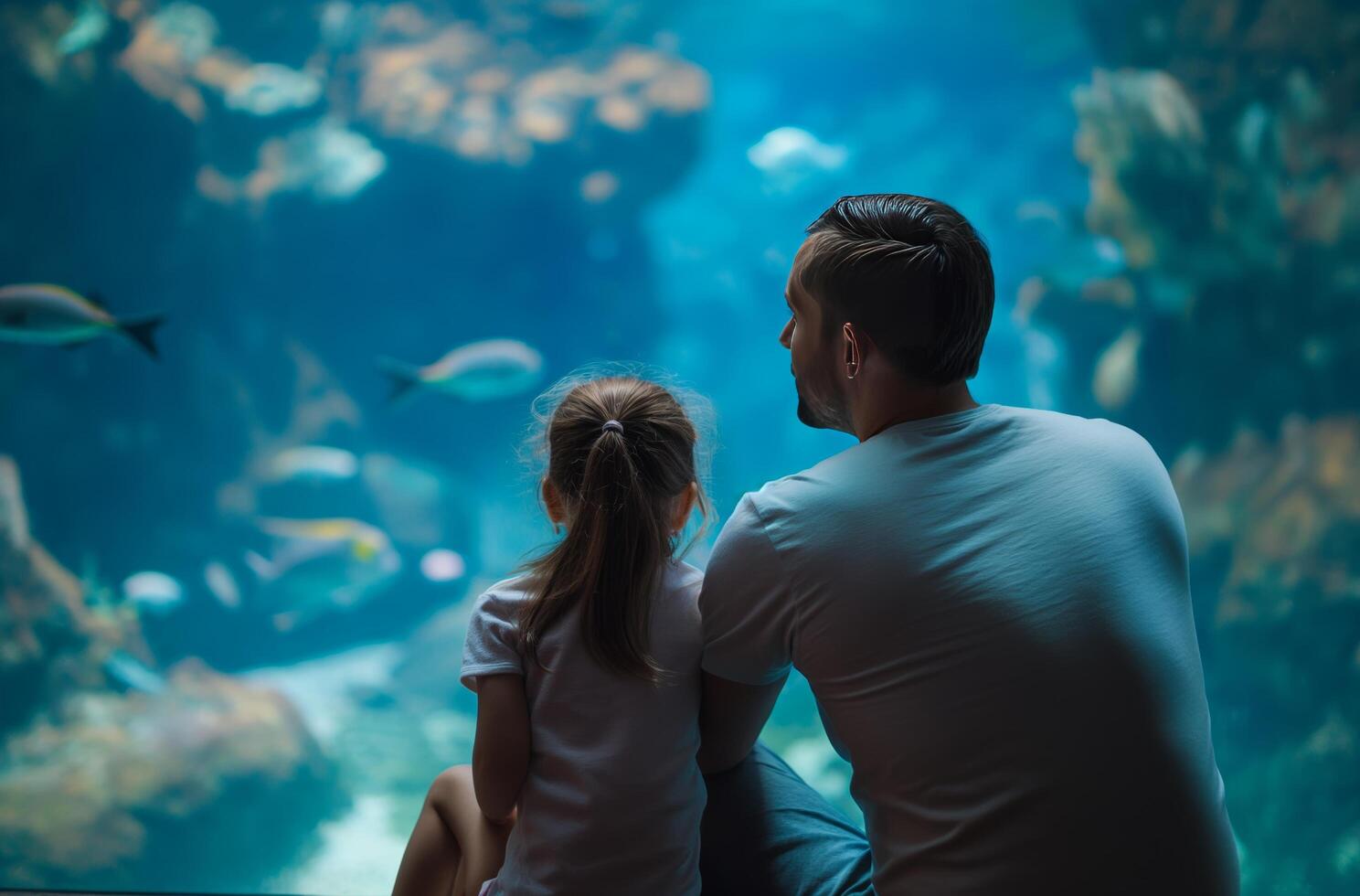 ai generato padre e bambino osservando pesce a acquario foto