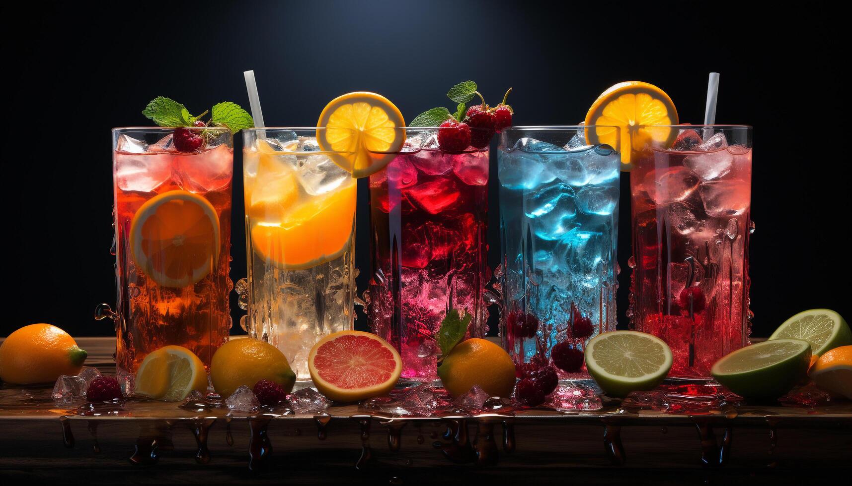 ai generato rinfrescante estate cocktail con agrume frutta, Ghiaccio, e alcool generato di ai foto