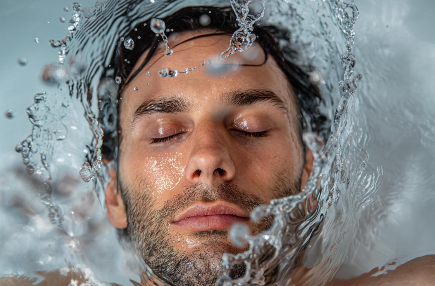 ai generato uomo circondato di acqua spruzzo foto