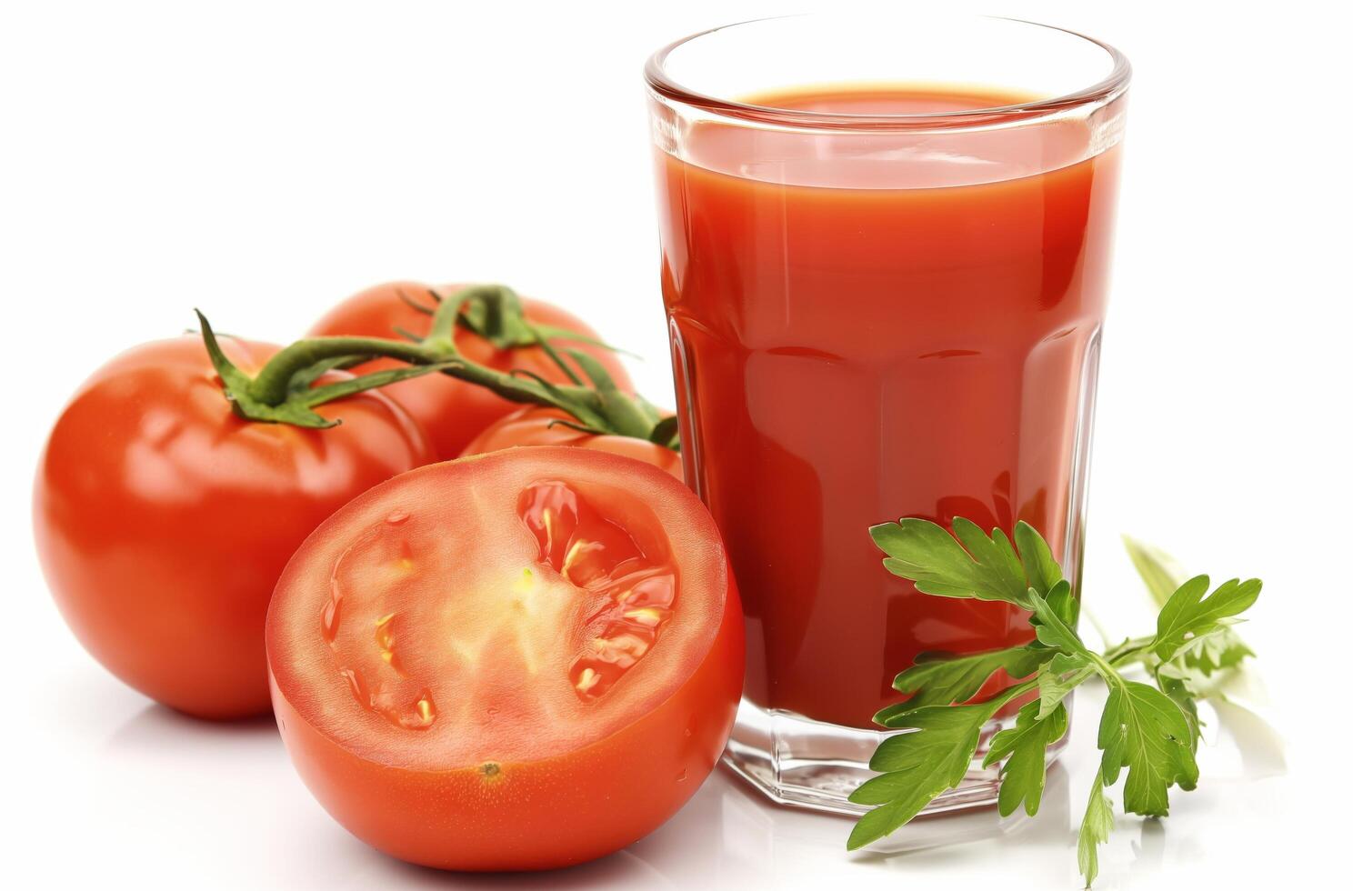 ai generato pomodoro succo con fresco erbe aromatiche foto