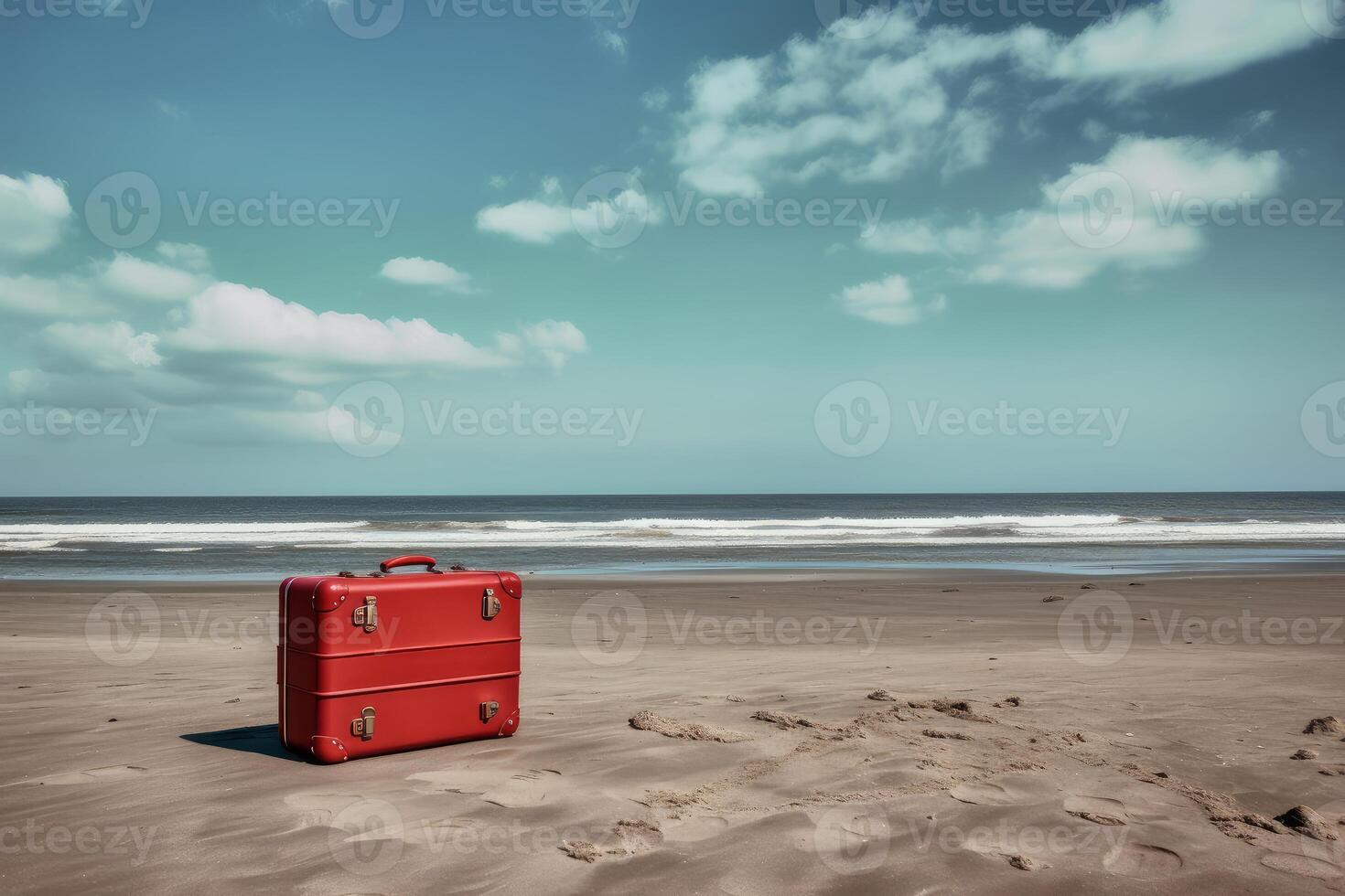 ai generato rosso valigia spiaggia. creare ai foto