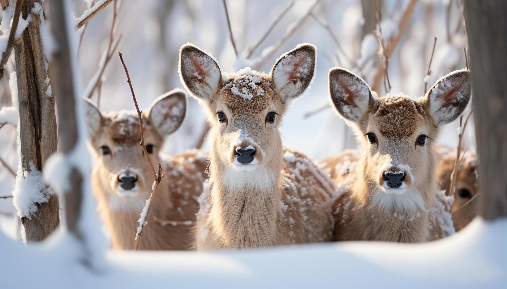 ai generato carino giovane cervo nel inverno foresta, guardare a telecamera generato di ai foto