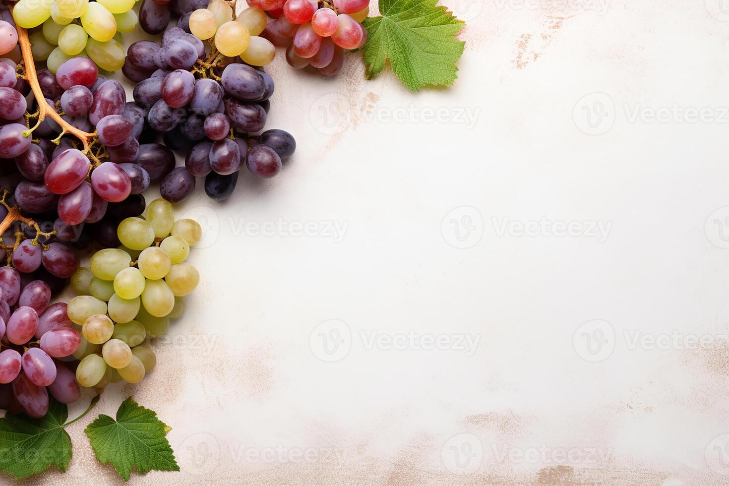ai generato assortimento di fresco uva su un' strutturato sfondo con spazio per testo. foto