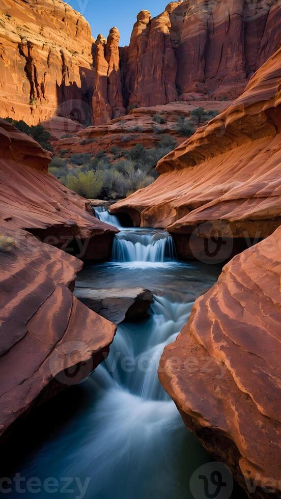 ai generato canyon profondità rosso roccia formazioni lavorato di tempo e acqua foto