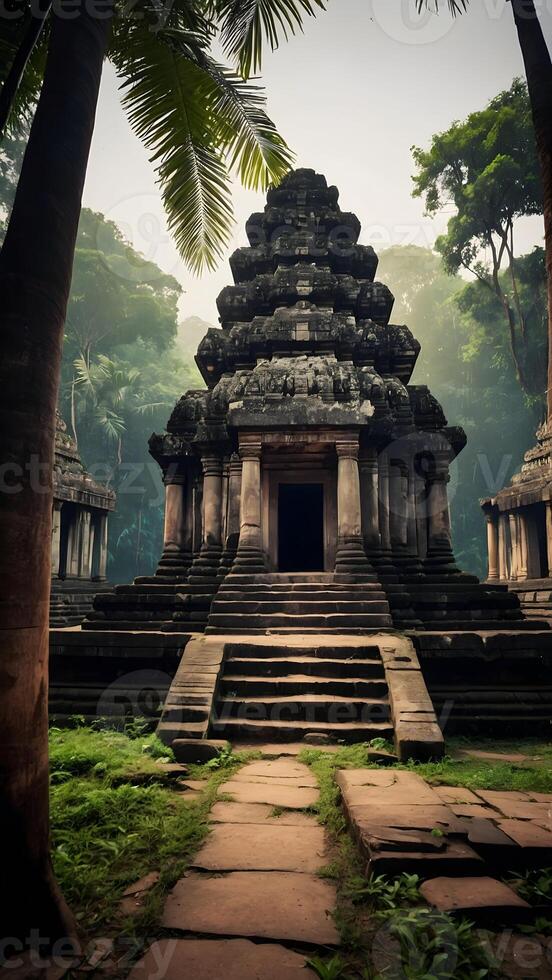 ai generato antico templi pietra strutture in piedi in mezzo giungla baldacchino foto