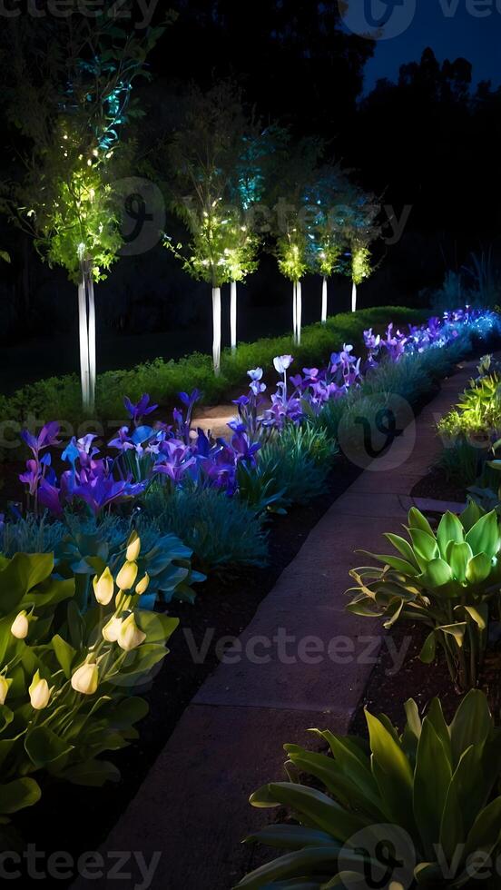 ai generato raggiante giardini illuminato botanico viene visualizzato dopo buio foto