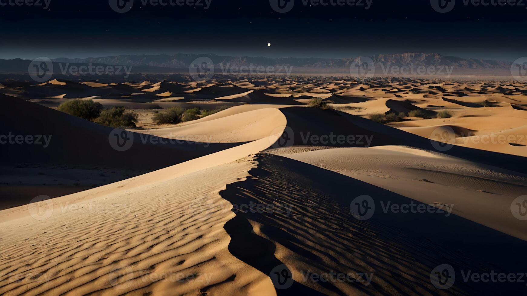 ai generato illuminato dalla luna Magia lunare splendore getto ombre attraverso deserto sabbie foto