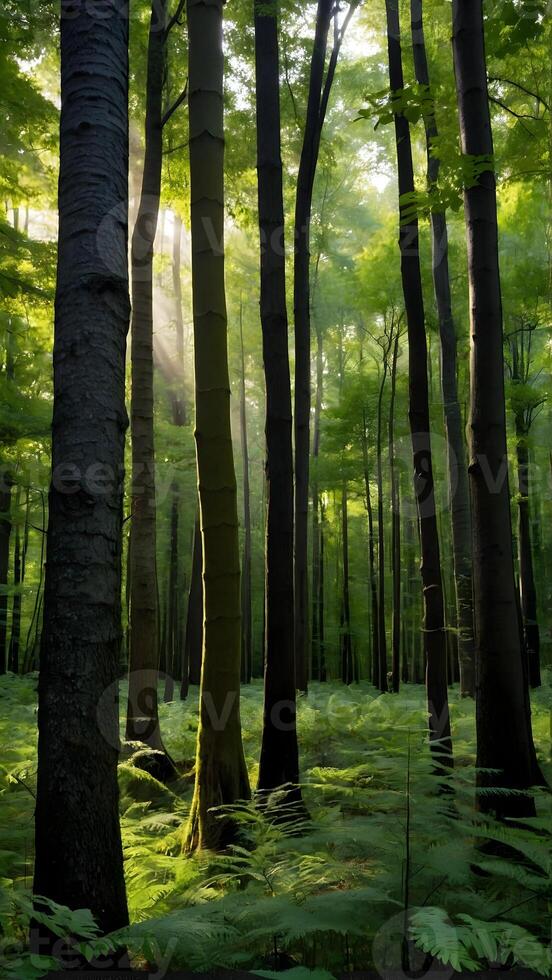 ai generato sussurrando boschi denso foresta baldacchino vivo con il canto degli uccelli foto