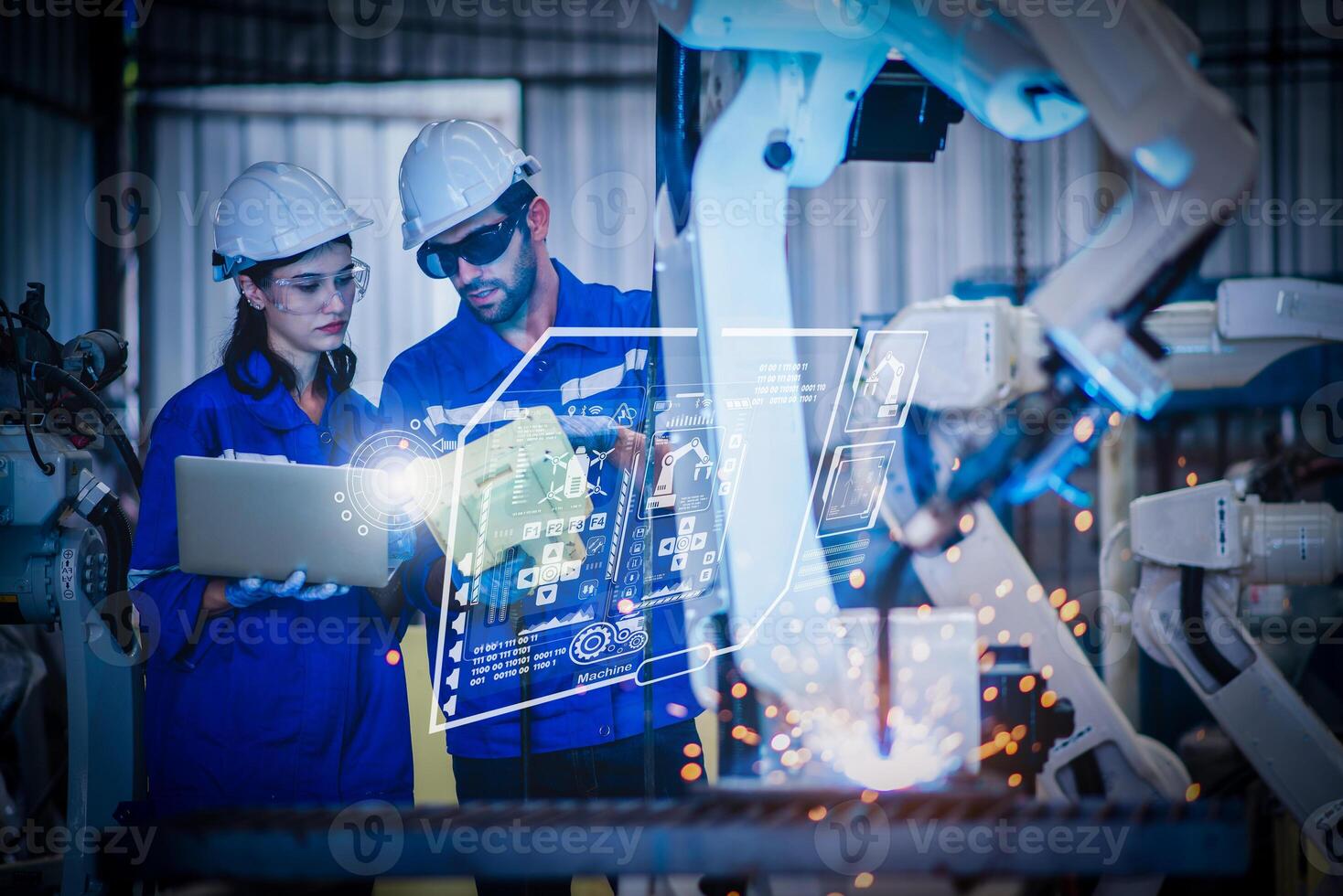 Due ingegneri meccanico utilizzando computer controllore robotica braccio per saldatura acciaio nel acciaio fabbrica officina. industria robot programmazione Software per automatizzato produzione tecnologia foto