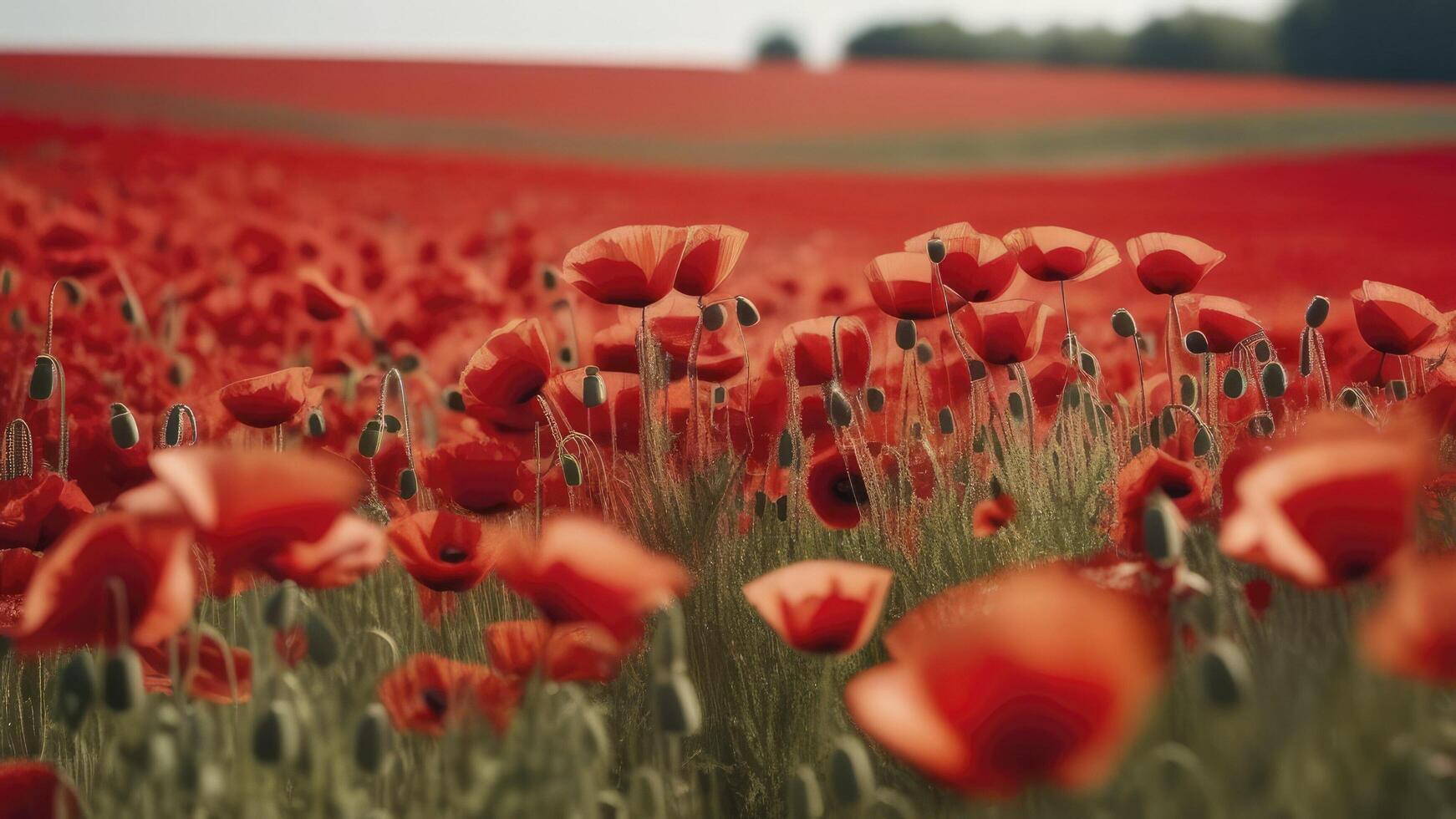 ai generato bellissimo campo di rosso papaveri nel il tramonto luce. foto