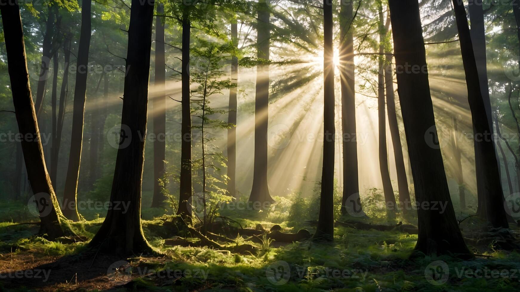 ai generato luce del sole splendente attraverso alberi nel un' foresta foto