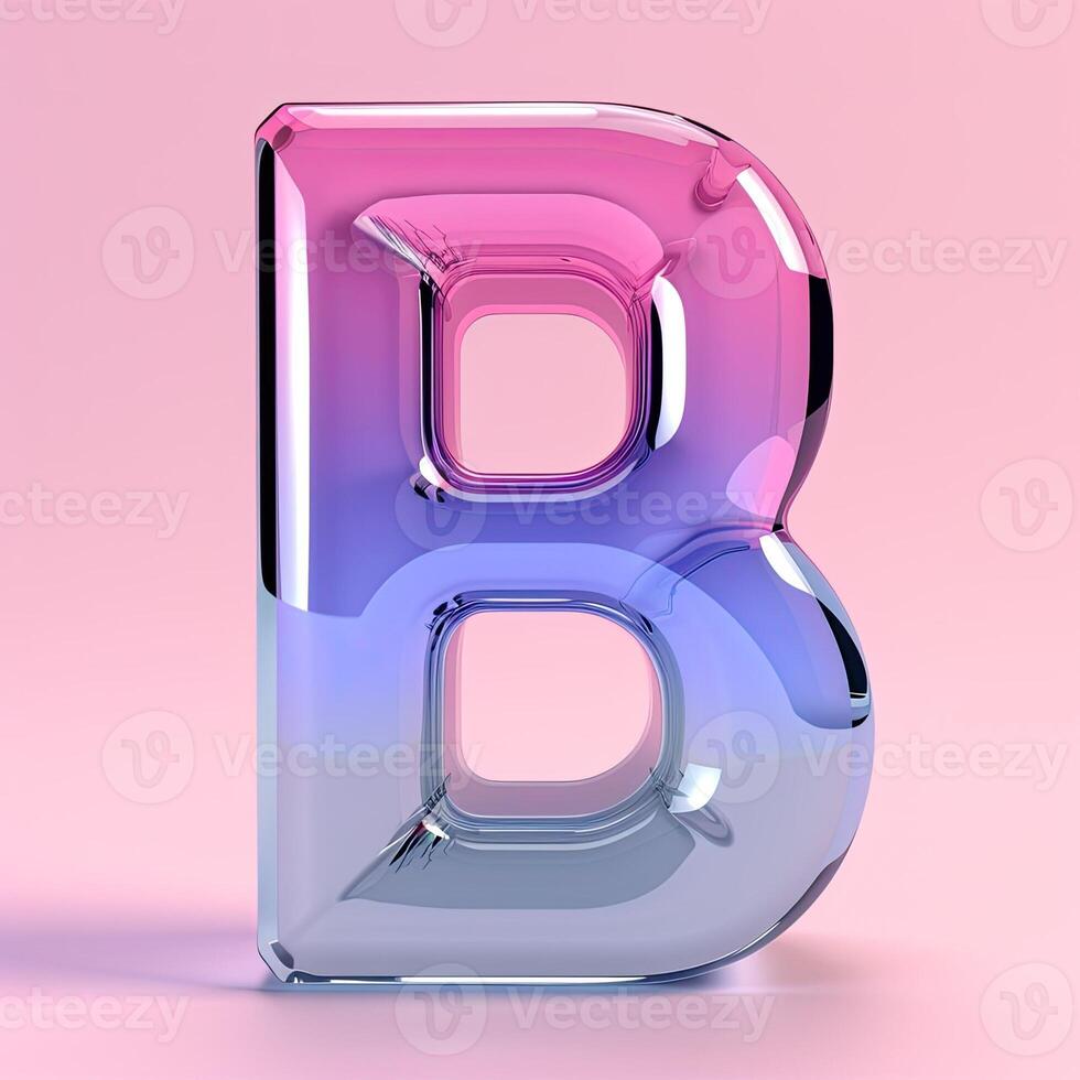 ai generato lettera b, trasparente bicchiere effetto. lucido tipografico cartello con plastica viola riflessione. alfabetico rosa neon font. ai generato foto