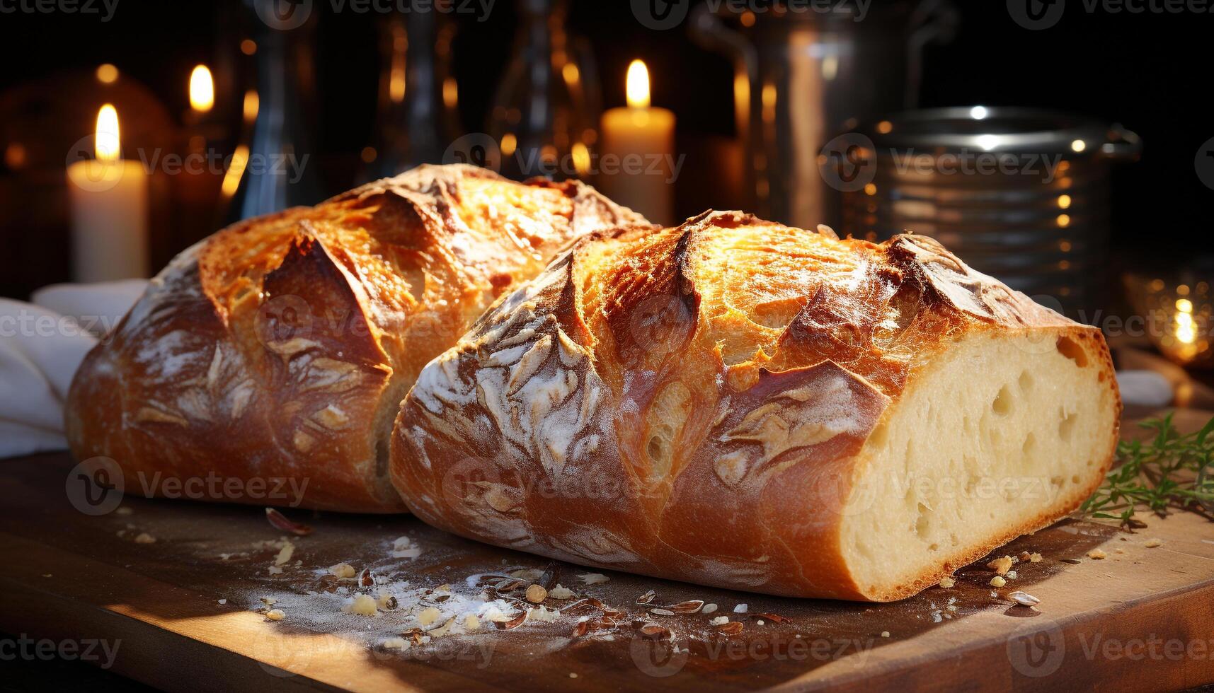 ai generato appena al forno pane su un' rustico tavolo, pronto per mangiare generato di ai foto