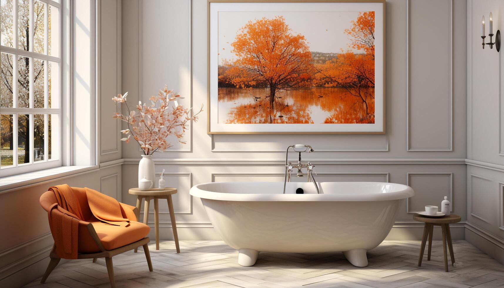 ai generato moderno appartamento con elegante interno disegno, confortevole vasca da bagno, e pulito bagno generato di ai foto